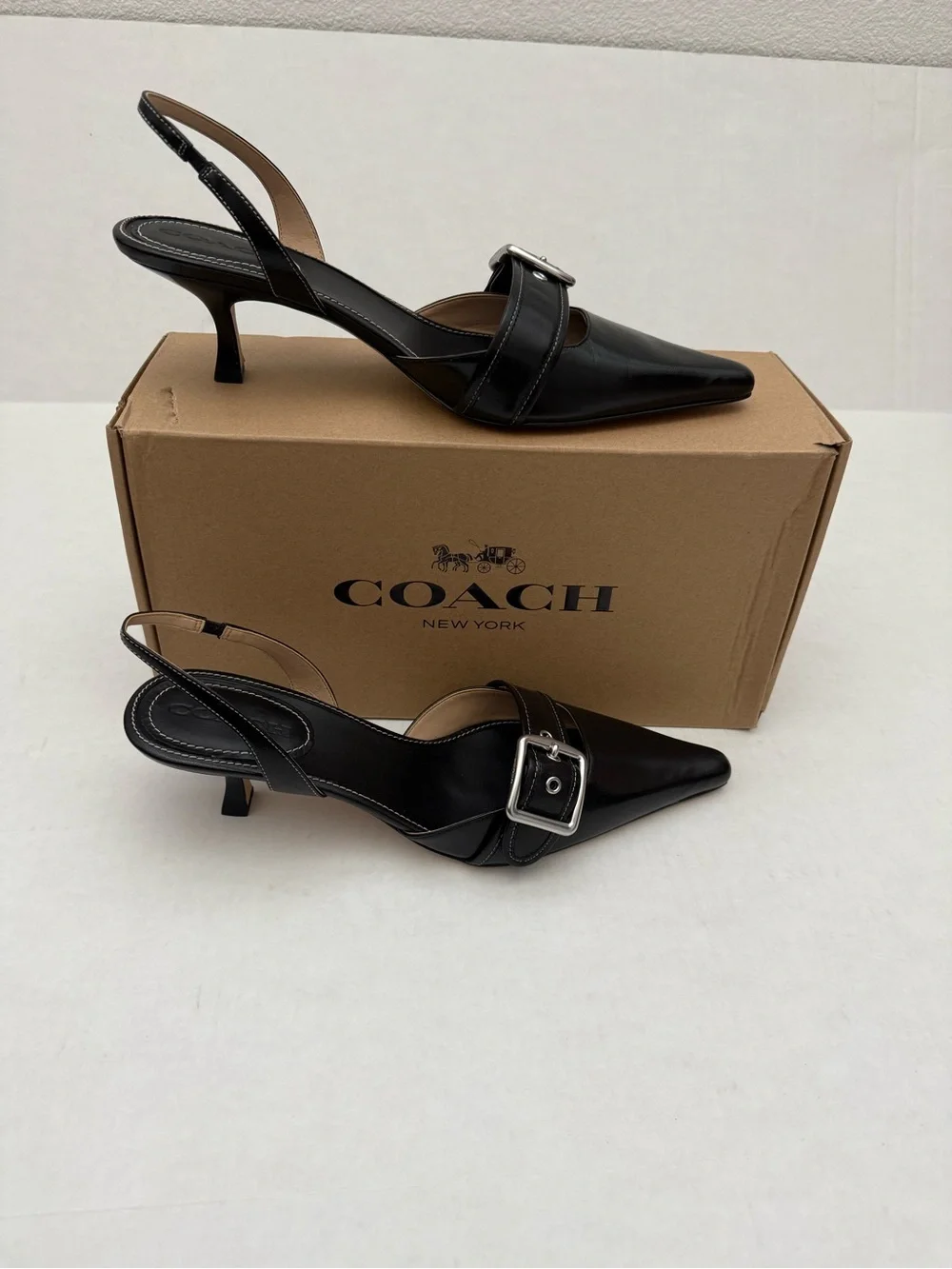 Coach Margot Black Leather Slingback Pump with Silver Buckle Size 10
